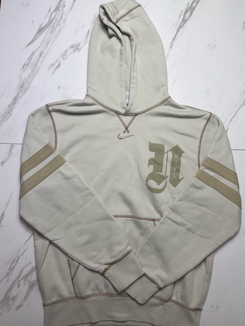 Nike Cream Pullover Hoodie with Tan Graphic and Stripe Accents